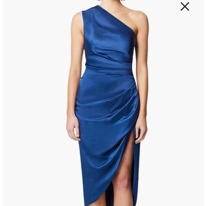 One shoulder blue satin dress